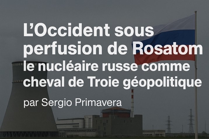 Centrale nucléaire et drapeau russe, illustration de l'article « L'Occident sous perfusion de Rosatom », par Sergio Primavera