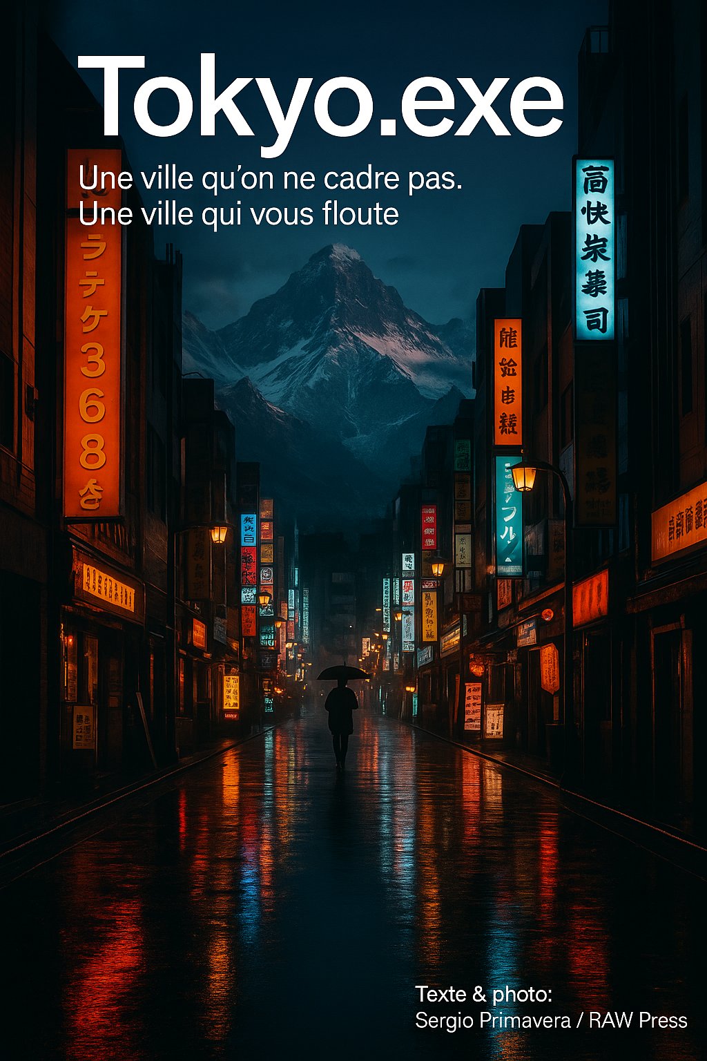Rue de Tokyo de nuit sous la pluie, néons et silhouette avec parapluie, photo de Sergio Primavera